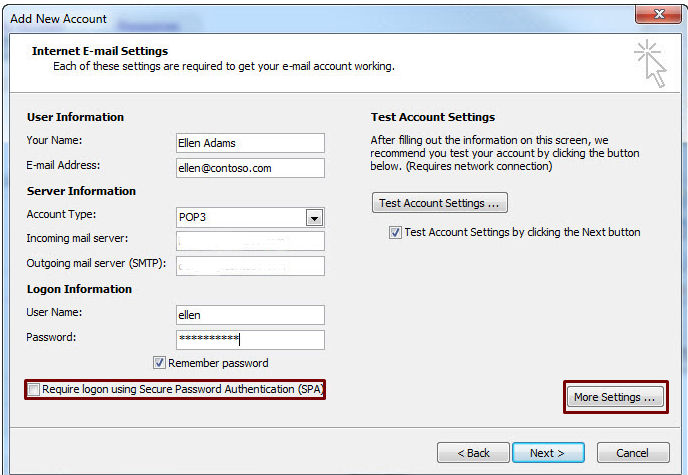 Add Account - MS Office 2010